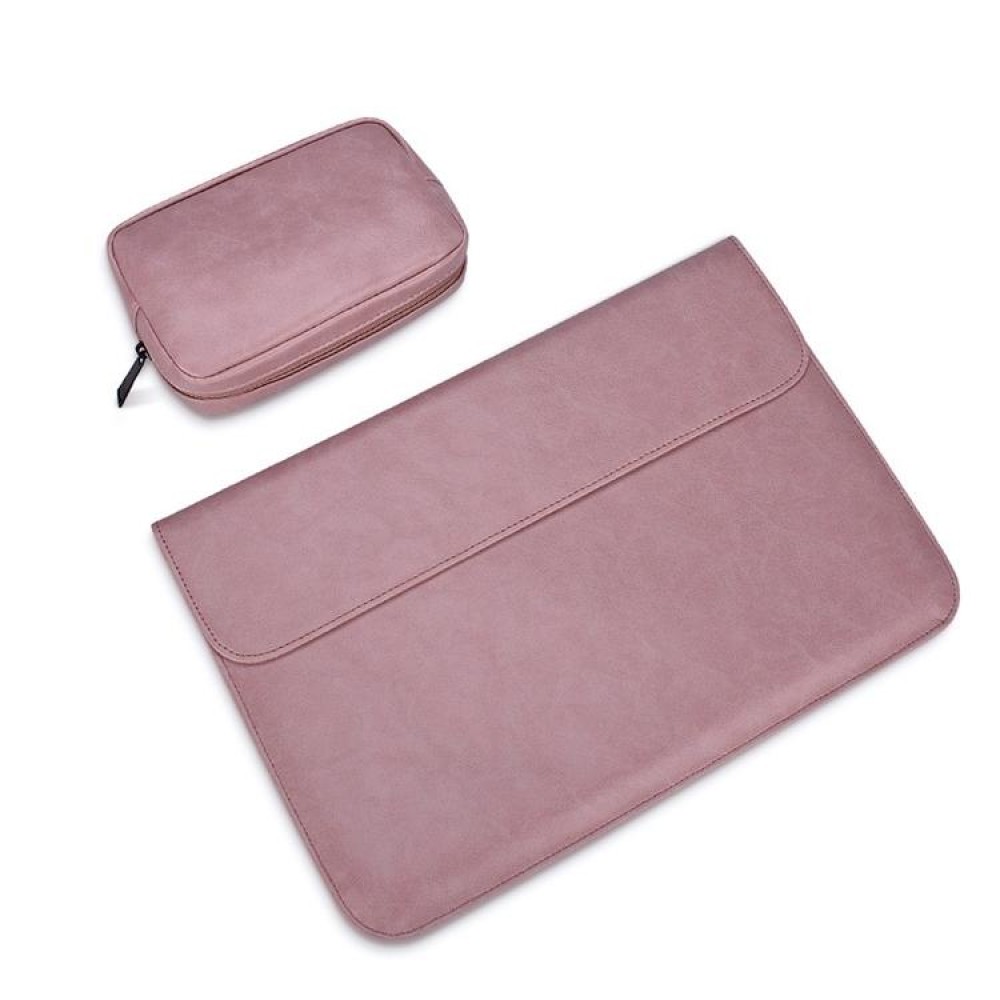 PU01S PU Leather Horizontal Invisible Magnetic Buckle Laptop Inner Bag for 14.1 inch laptops, with Small Bag (Pink)