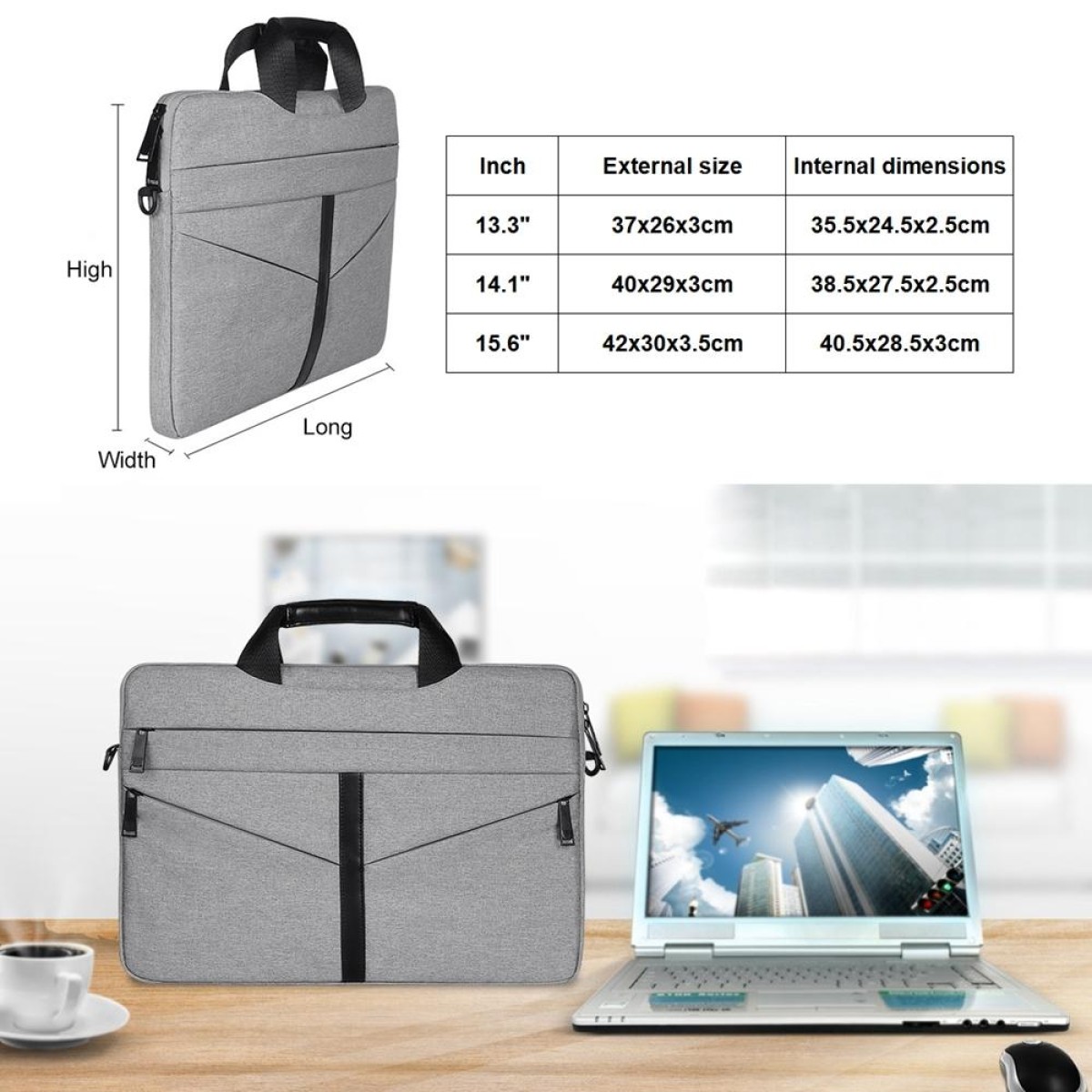 14.1 inch Breathable Wear-resistant Fashion Business Shoulder Handheld Zipper Laptop Bag with Shoulder Strap (Light Grey)