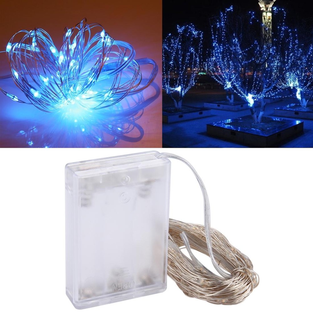 10m IP65 Waterproof Silver Wire String Light, 100 LEDs SMD 06033 x AA Batteries Box Fairy Lamp Decorative Light, DC 5V(Blue Light)