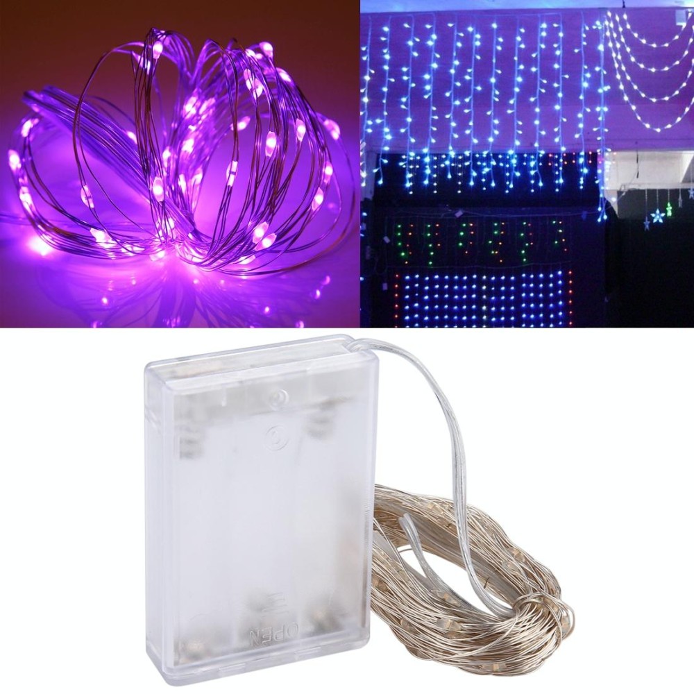 10m IP65 Waterproof Silver Wire String Light, 100 LEDs SMD 06033 x AA Batteries Box Fairy Lamp Decorative Light, DC 5V(Purple Light)