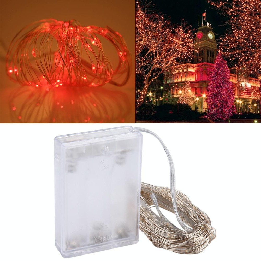 10m IP65 Waterproof Silver Wire String Light, 100 LEDs SMD 06033 x AA Batteries Box Fairy Lamp Decorative Light, DC 5V(Red Light)
