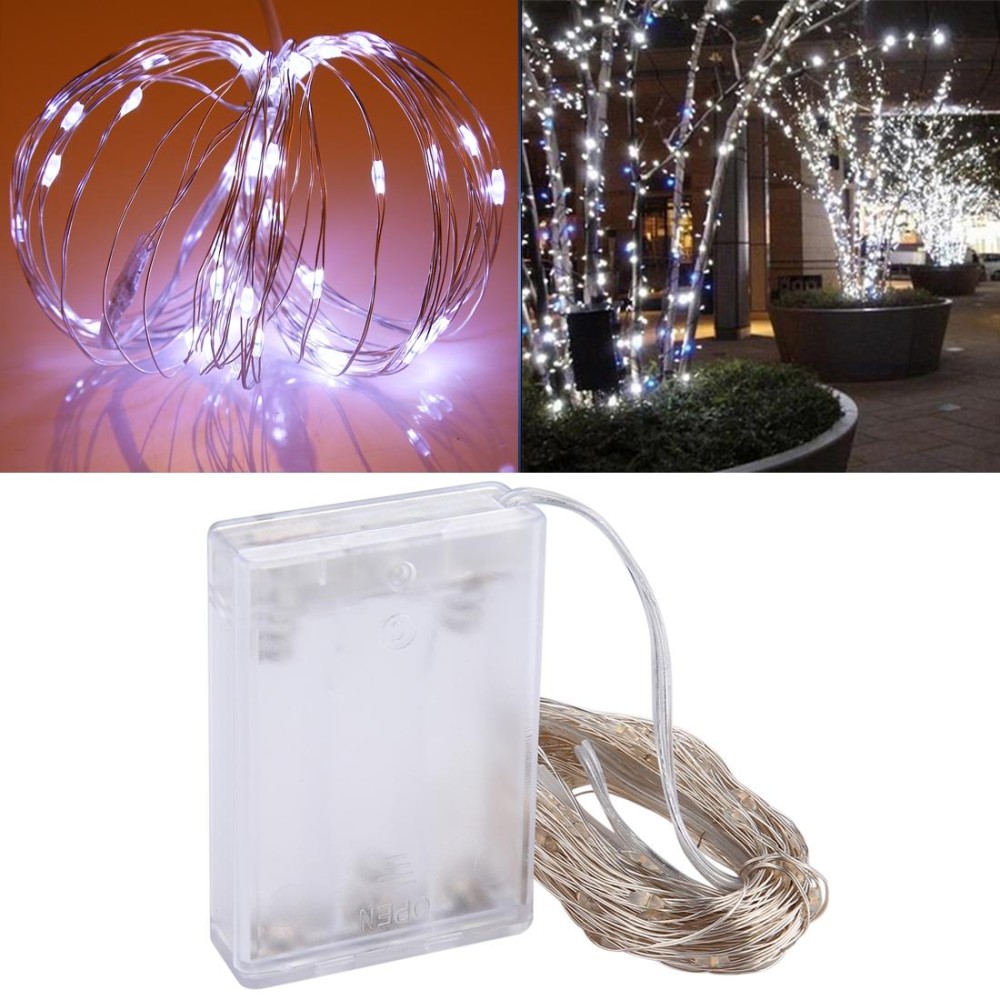 10m IP65 Waterproof Silver Wire String Light, 100 LEDs SMD 06033 x AA Batteries Box Fairy Lamp Decorative Light, DC 5V(White Light)