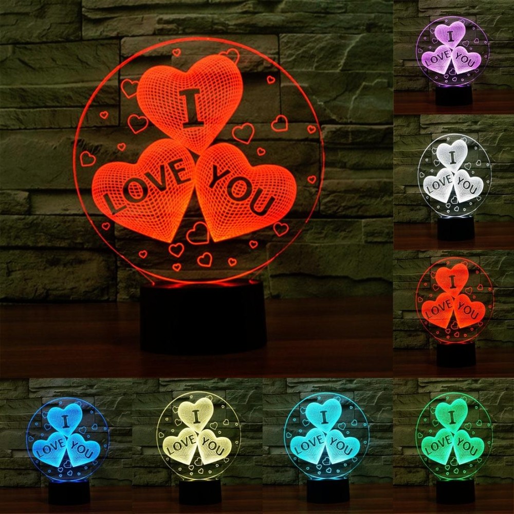 Three Hearts Shape 3D Touch Switch Control LED Night Light , 7-color Discoloration Creative Visual Stereo Lamp Desk Lamp Novelty Gift