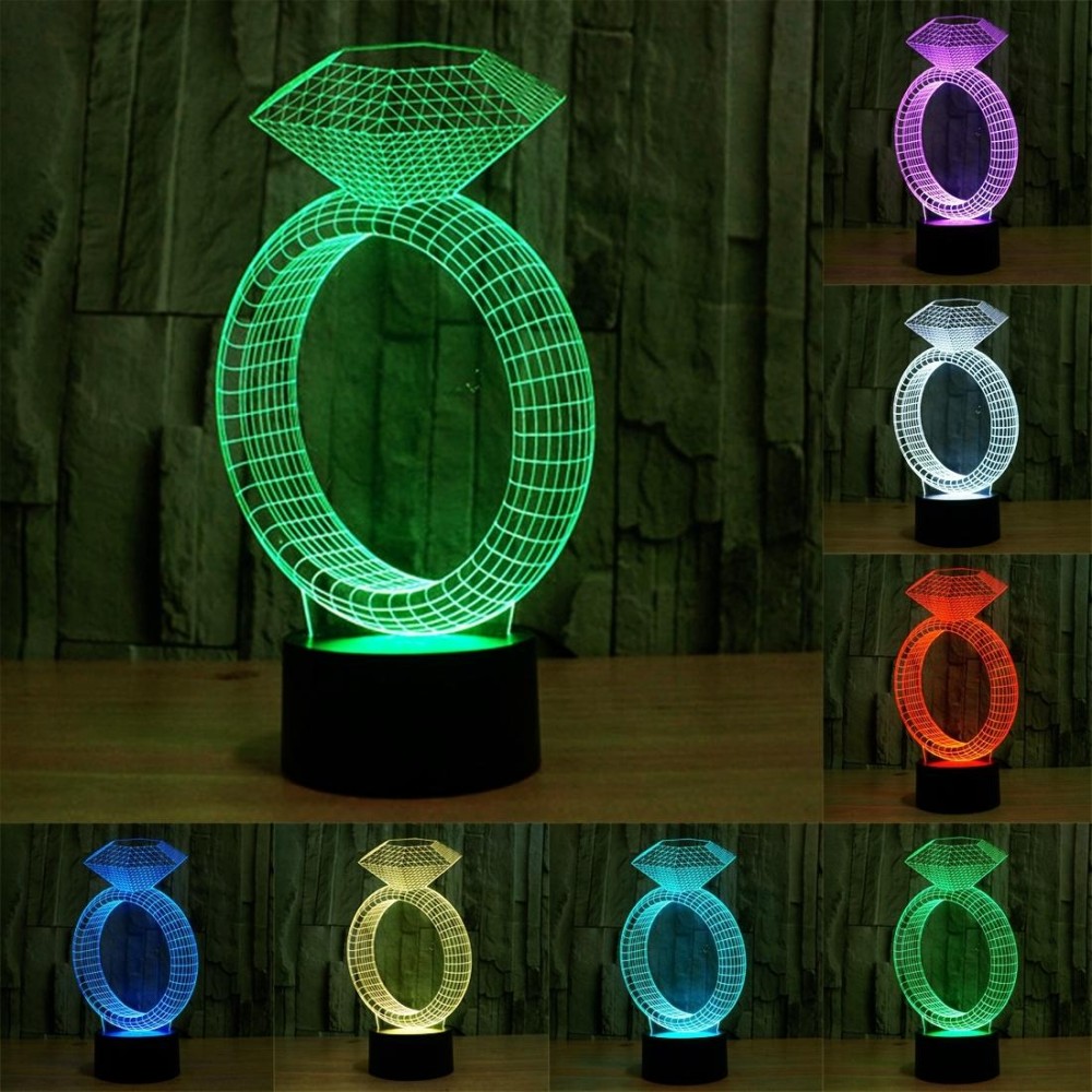 Diamond Ring Style 3D Touch Switch Control LED Light , 7 Color Discoloration Creative Visual Stereo Lamp Desk Lamp Night Light