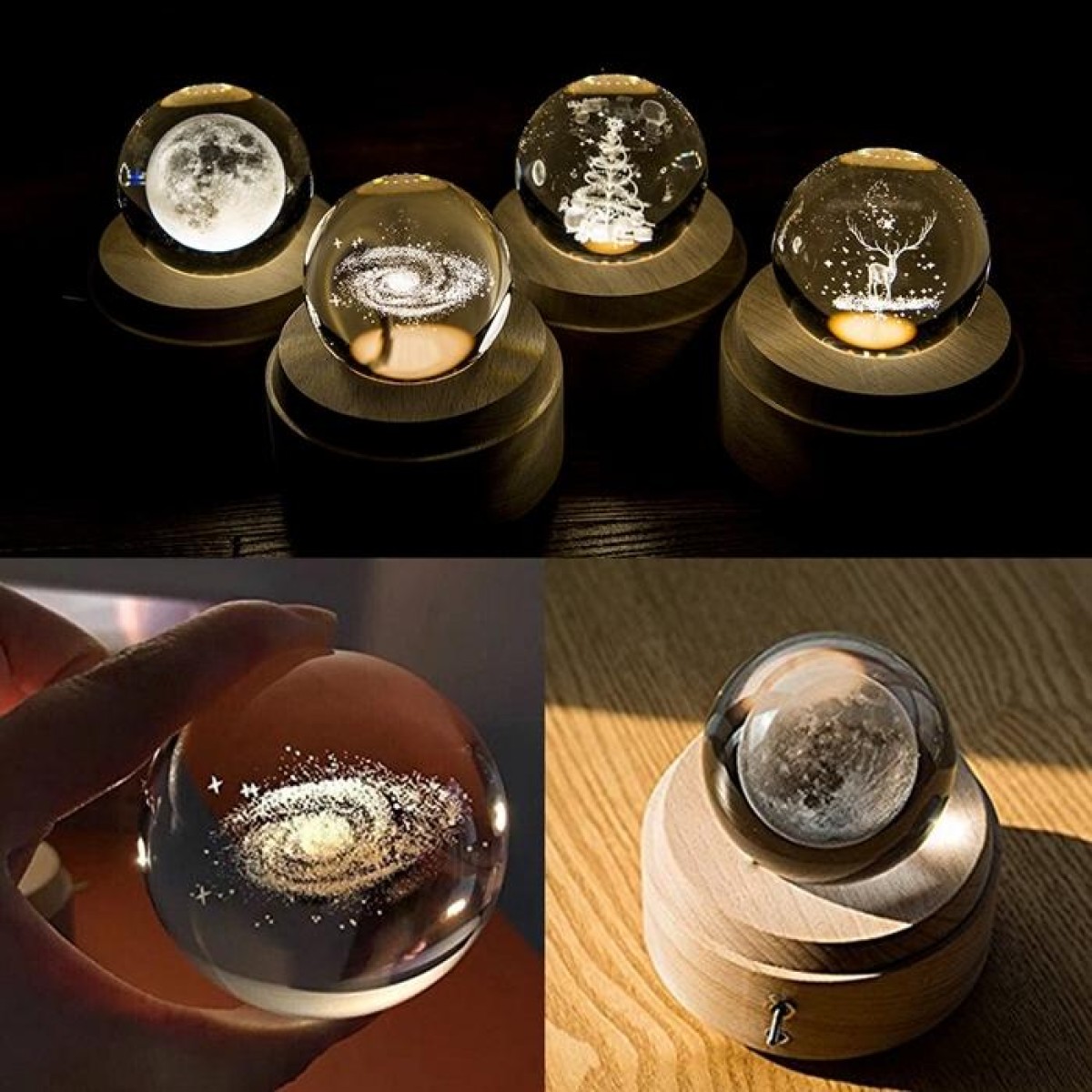 3D Word Engraving Crystal Ball Milky Way Pattern Electronic Swivel Musical Birthday Gift Home Decor without Music