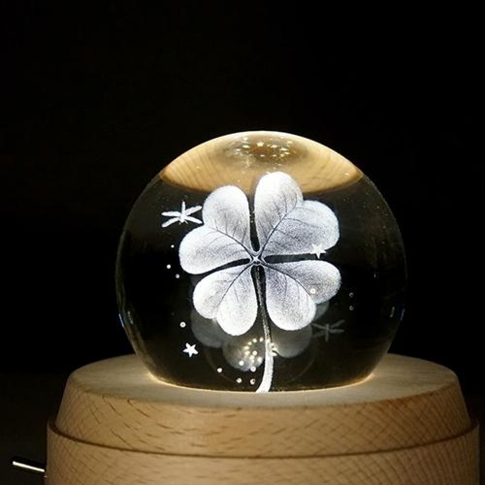 3D Word Engraving Crystal Ball Music Box Clover Pattern Electronic Swivel Musical Birthday Gift Home Decor with Music