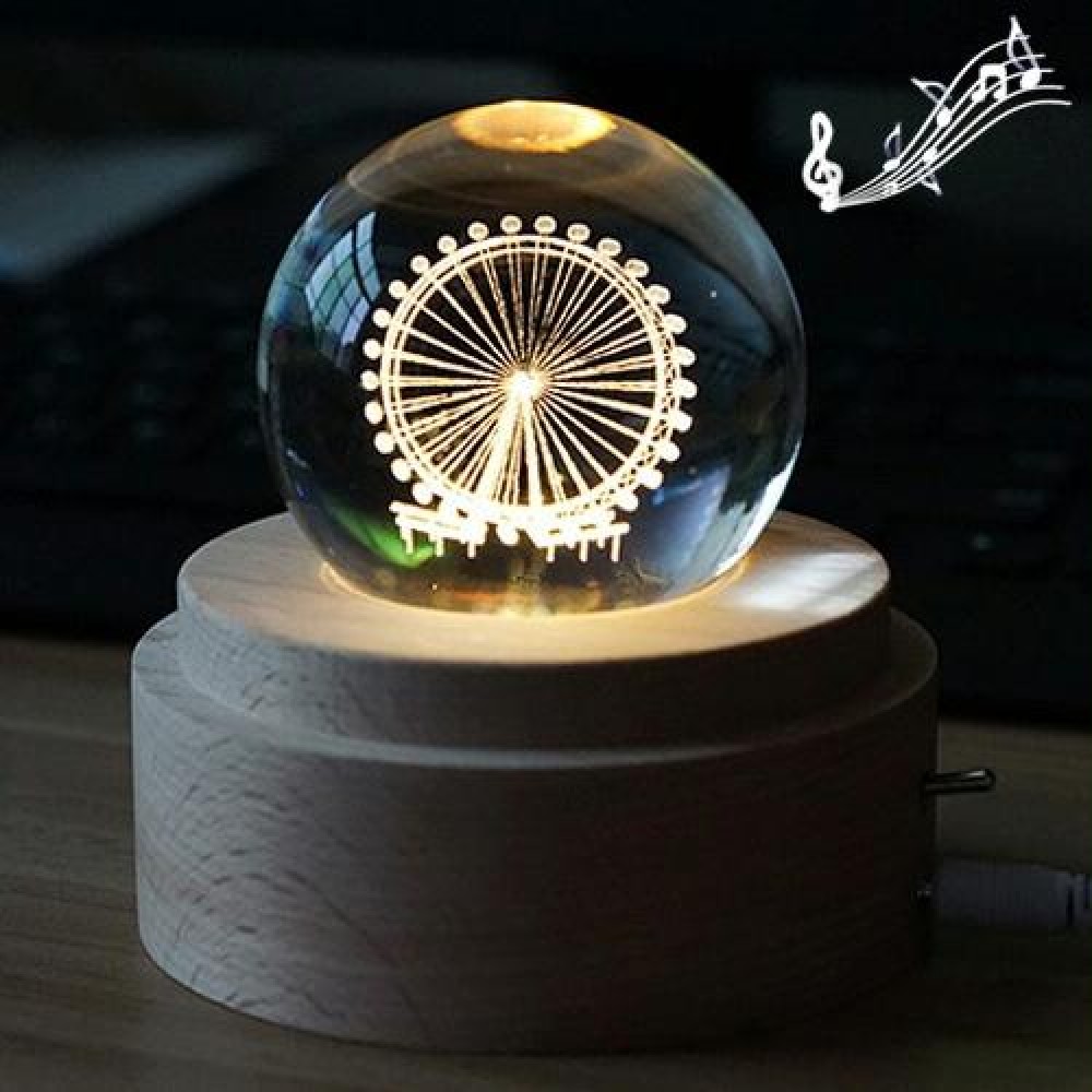 3D Word Engraving Crystal Ball Music Box Ferris Wheel Pattern Electronic Swivel Musical Birthday Gift Home Decor with Music