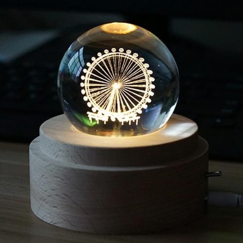 3D Word Engraving Crystal Ball Music Box Ferris Wheel Pattern Electronic Swivel Musical Birthday Gift Home Decor with Music