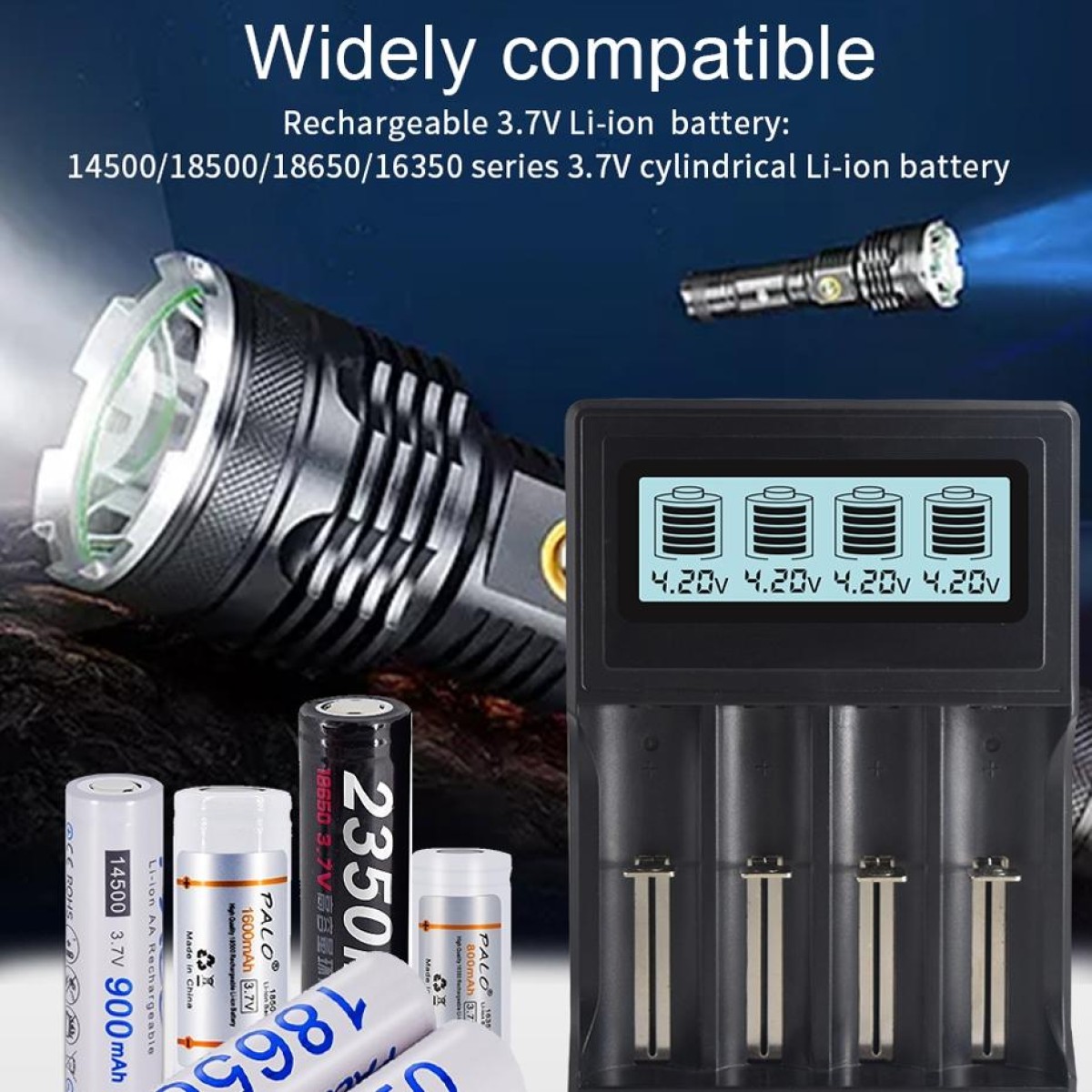 Micro USB 4 Slot Battery Charger for 3.7V Lithium-ion Battery, with LCD Display