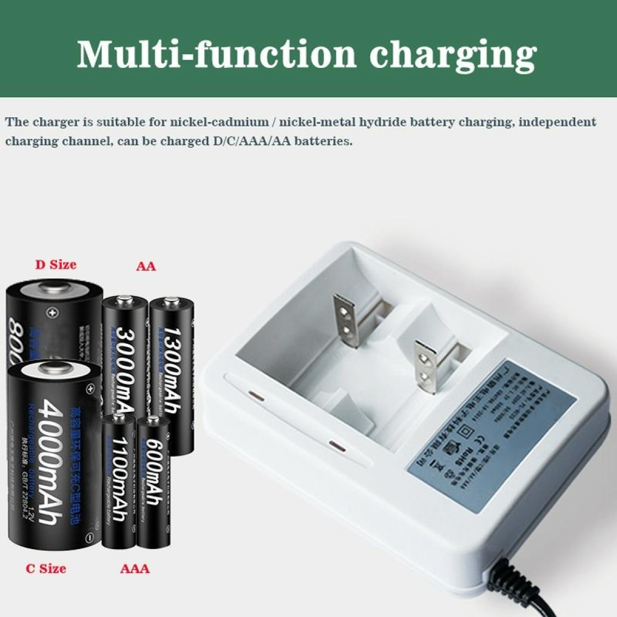 AC 220V 2 Slot Battery Charger for AA & AAA & C / D Size Battery, CN Plug
