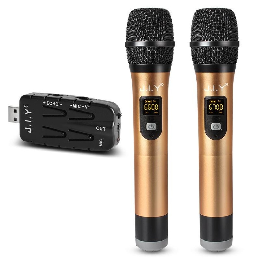 J.I.Y 2 in 1 K Song Wireless Microphones for TV PC with Audio Card USB Receiver and LED Display (Gold)