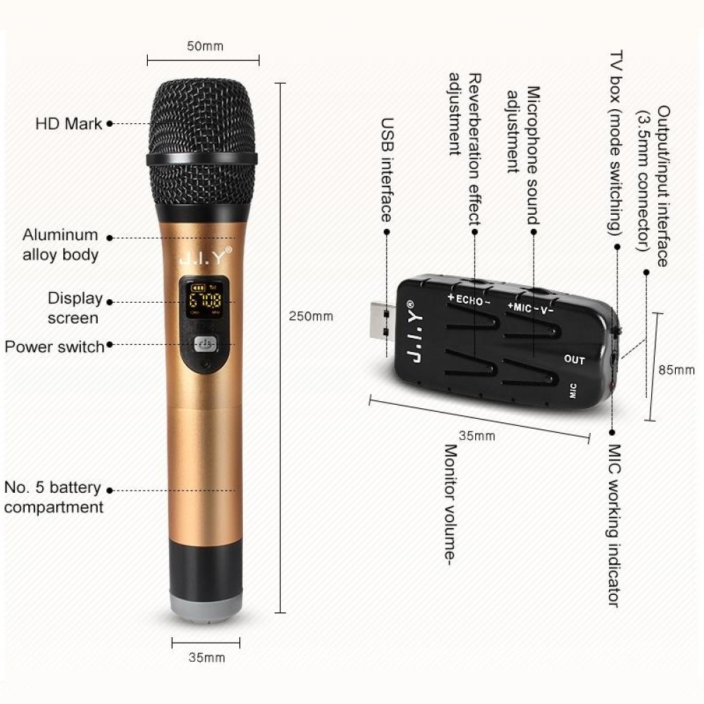 J.I.Y 2 in 1 K Song Wireless Microphones for TV PC with Audio Card USB Receiver and LED Display (Gold)