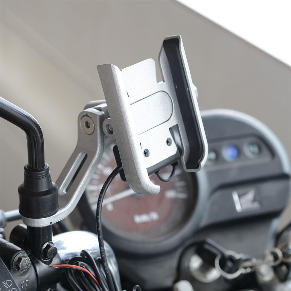 CS-856D1 Motorcycle Rotatable Chargeable Aluminum Alloy Mobile Phone Holder, Mirror Holder Version(Silver)