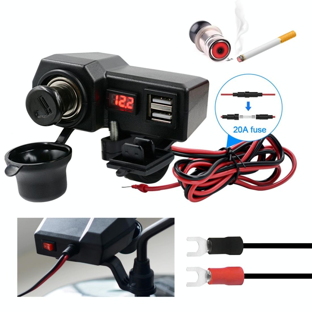 CS-1072B1 Motorcycle Dual USB Charger + Voltmeter with Cigarette Lighter & Cigarette Butts (Black)