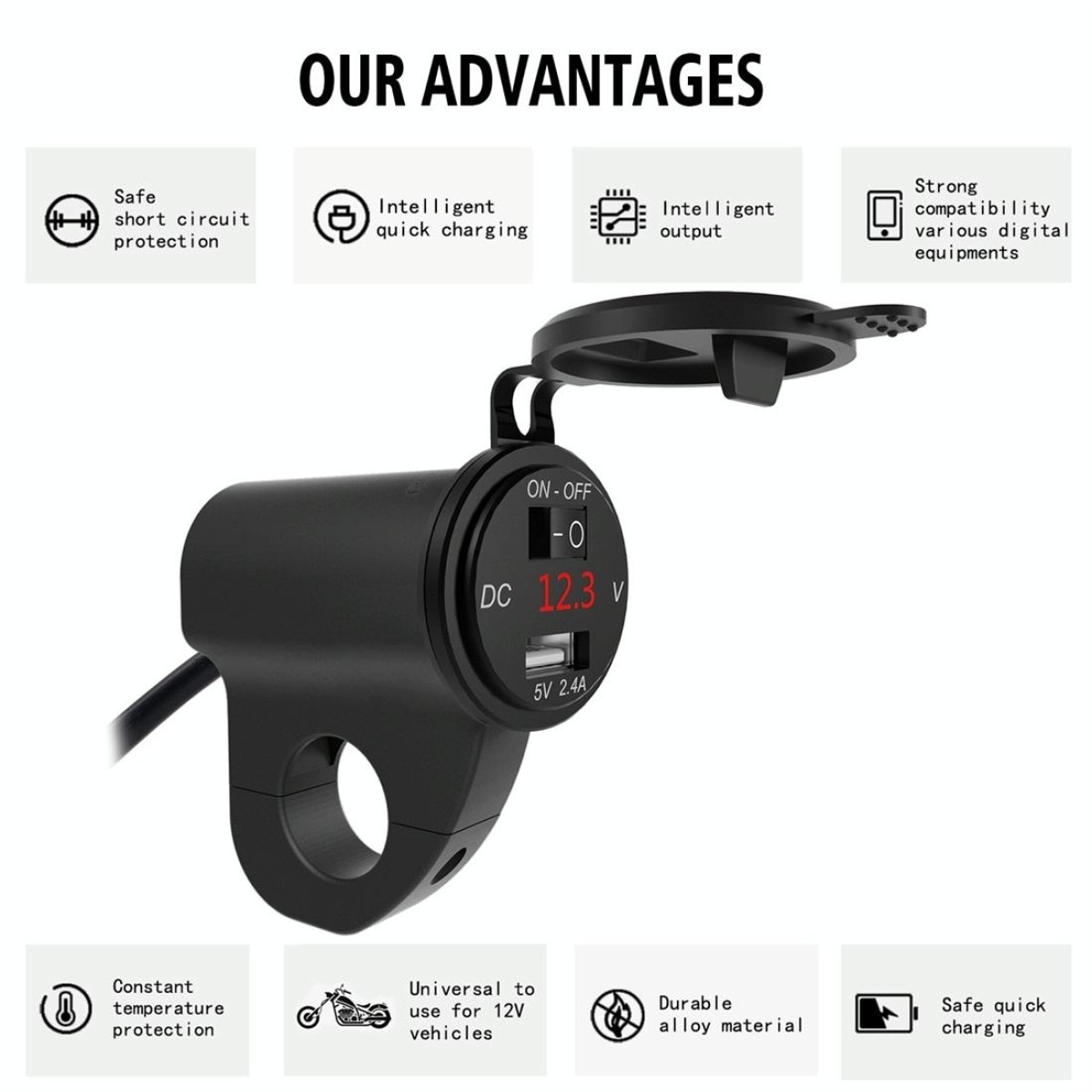 ZH-975B1 Motorcycle Aluminum Alloy Waterproof Mobile Phone Single USB Charger with Red Voltmeter(Black)
