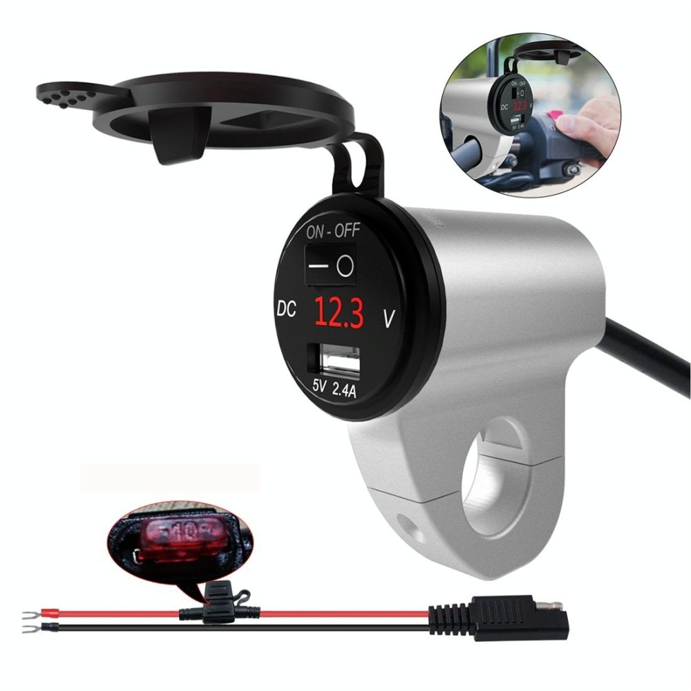 ZH-975A1 Motorcycle Aluminum Alloy Waterproof Mobile Phone Single USB Charger with Red Voltmeter(Silver)