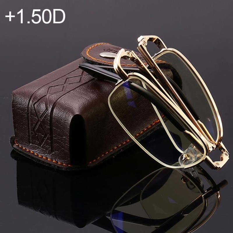 Folding Anti Blue-ray Presbyopic Reading Glasses with Case & Cleaning Cloth, +1.50D(Gold)