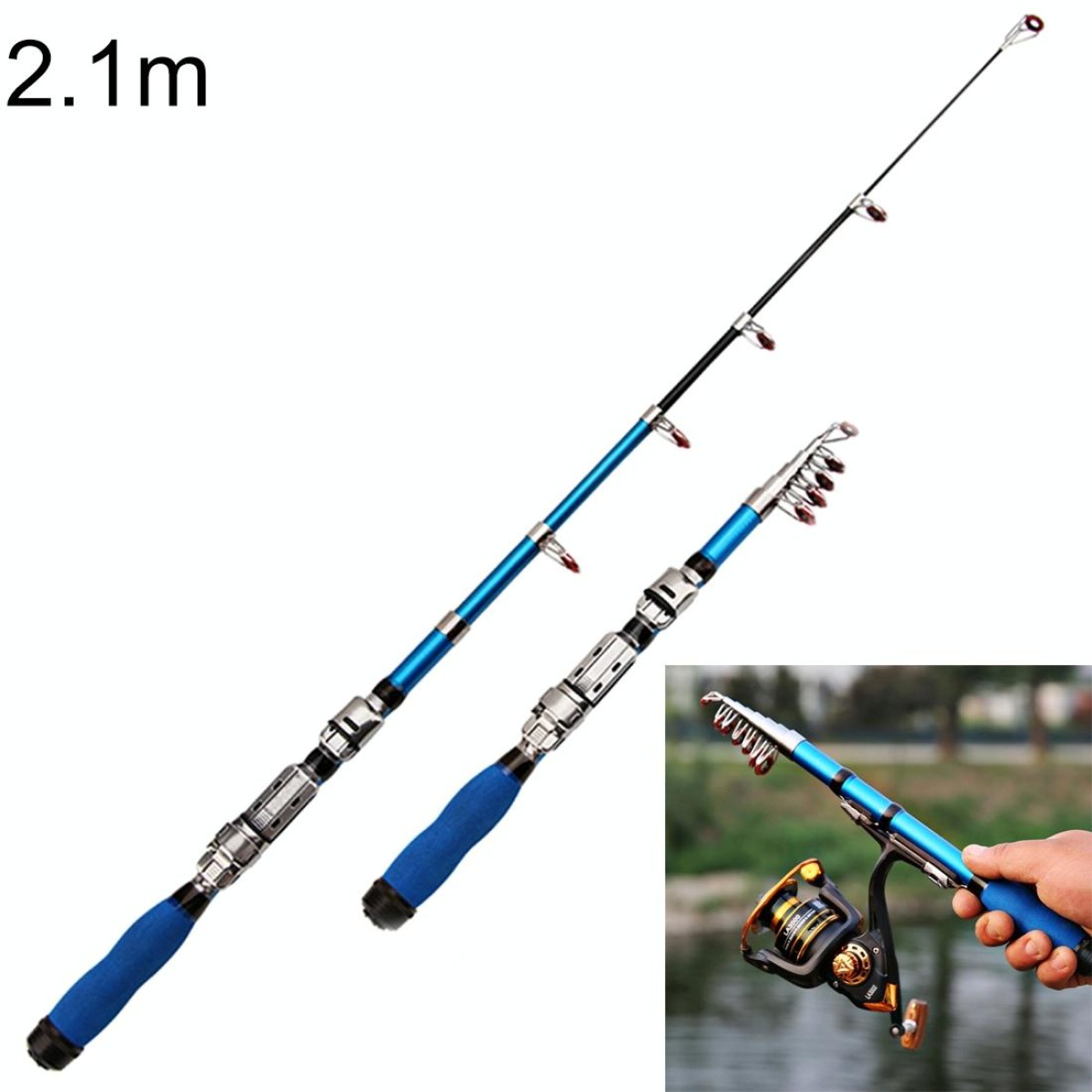 36cm Portable Telescopic Sea Fishing Rod Mini Fishing Pole, Extended Length : 2.1m, Blue Clip Reel Seat