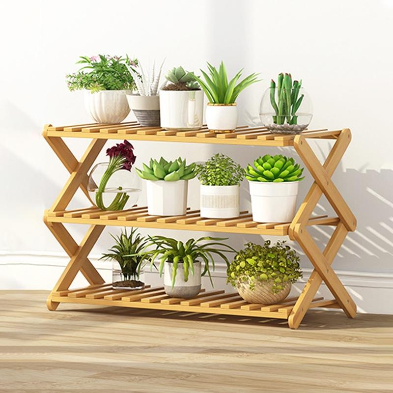 3-Layer Balcony Living Room Collapsible Solid Wood Flower Stand Potted Planting Shelves, Length: 70cm