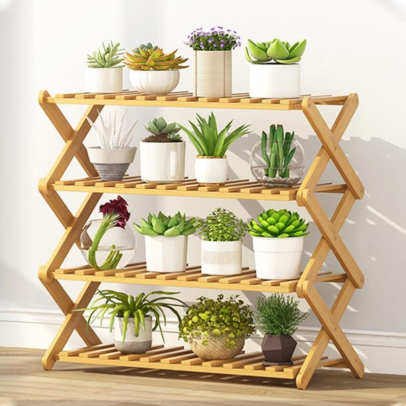 4-Layer Balcony Living Room Collapsible Solid Wood Flower Stand Potted Planting Shelves, Length: 70cm