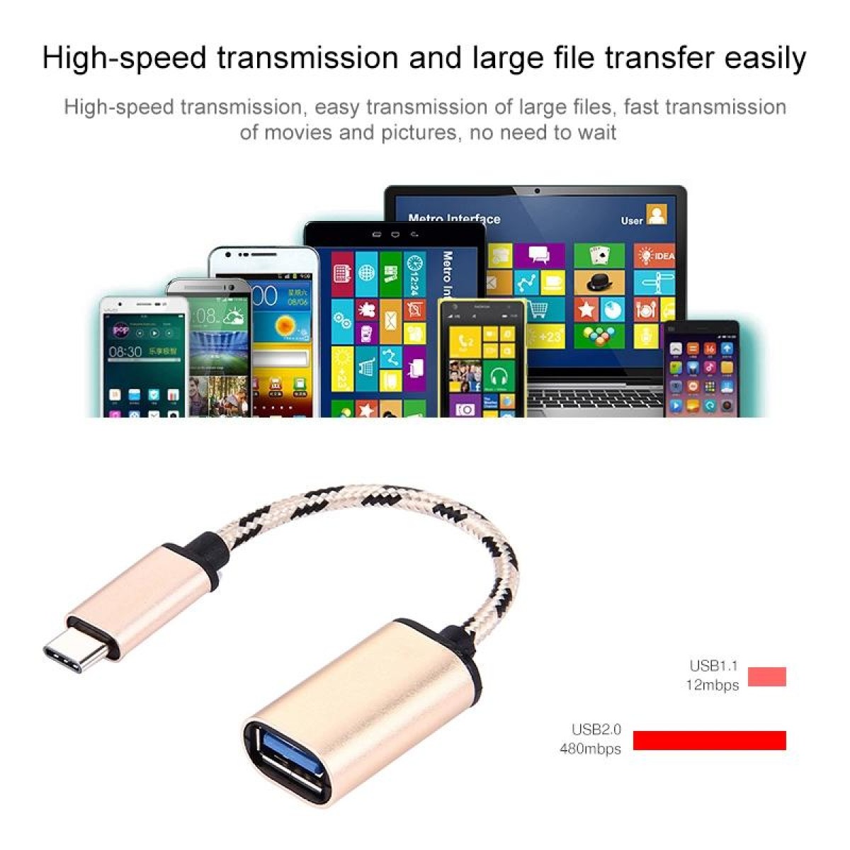 15cm Woven Style Metal Head USB-C / Type-C Male to USB 2.0 Female Data Cable(Gold)