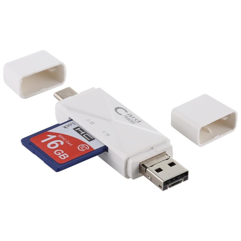 USB-C / Type-C + SD + TF + Micro USB to USB 2.0 Card Reader (White)
