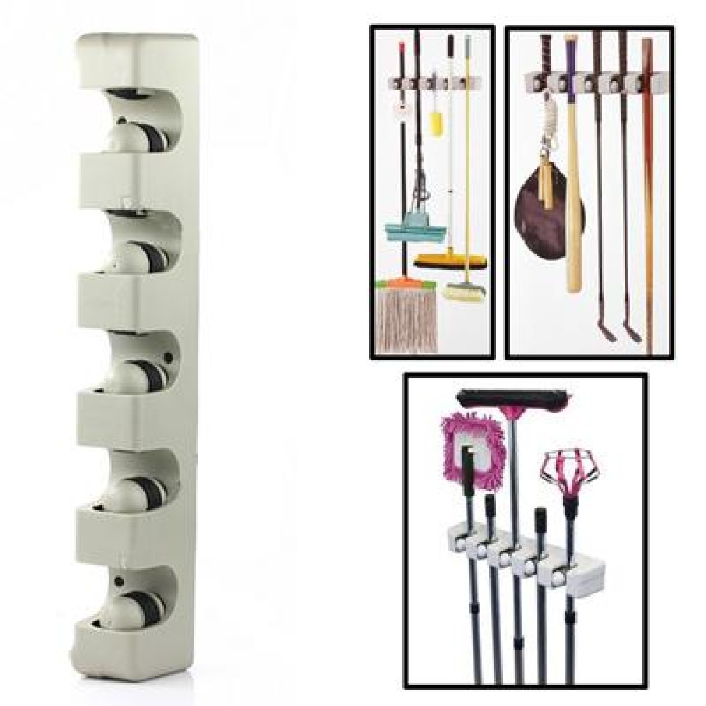 Wall Mounted 5 Positions Mop Broom Holder Tool with 2 Hooks