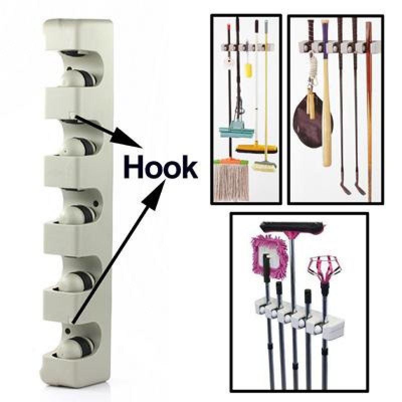Wall Mounted 5 Positions Mop Broom Holder Tool with 2 Hooks