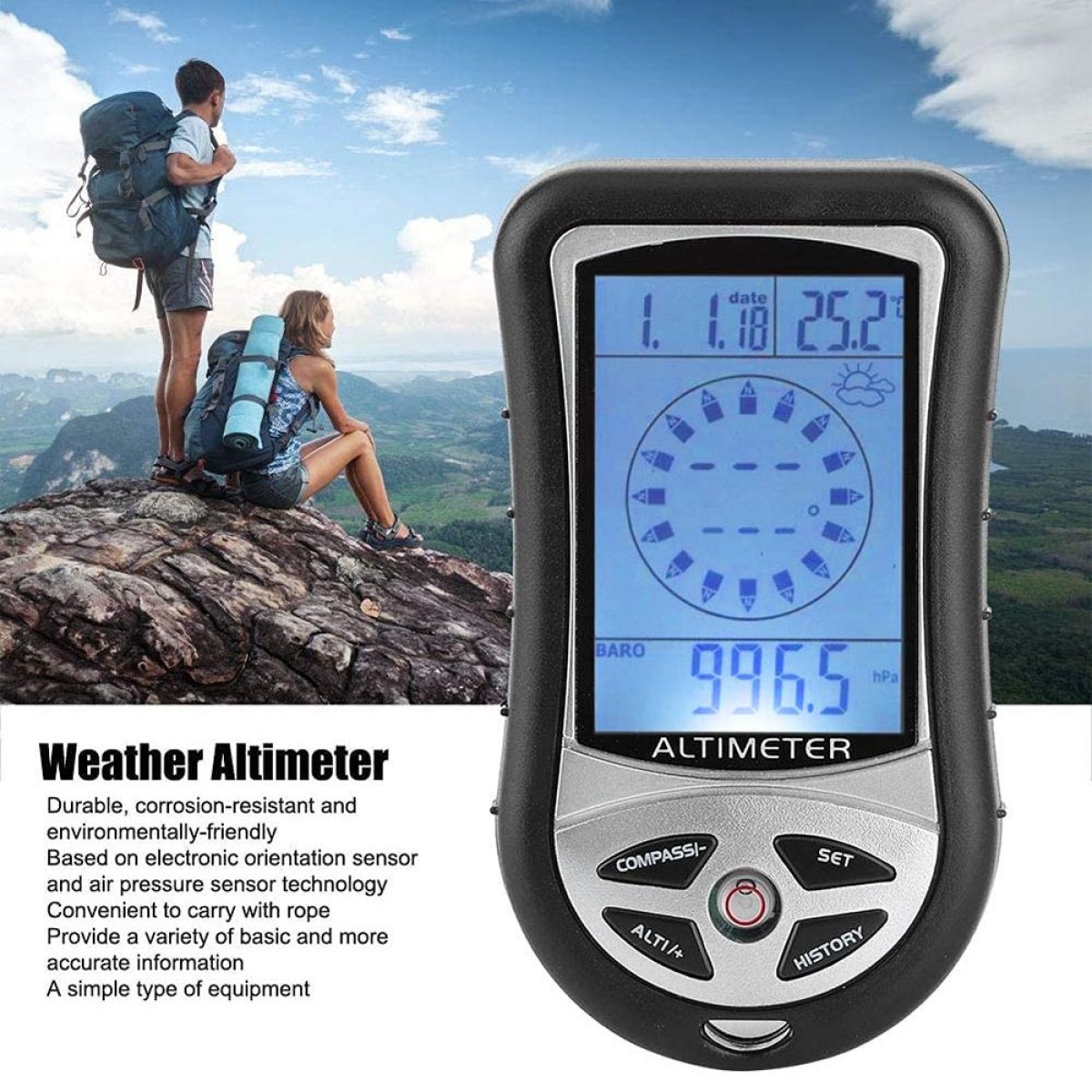 8 in 1 (Altimeter + Weather + Altitude + Compass + Thermometer + Clock + Calender + LED Backlight) Multifunction Digital Altimeter Watch Compass