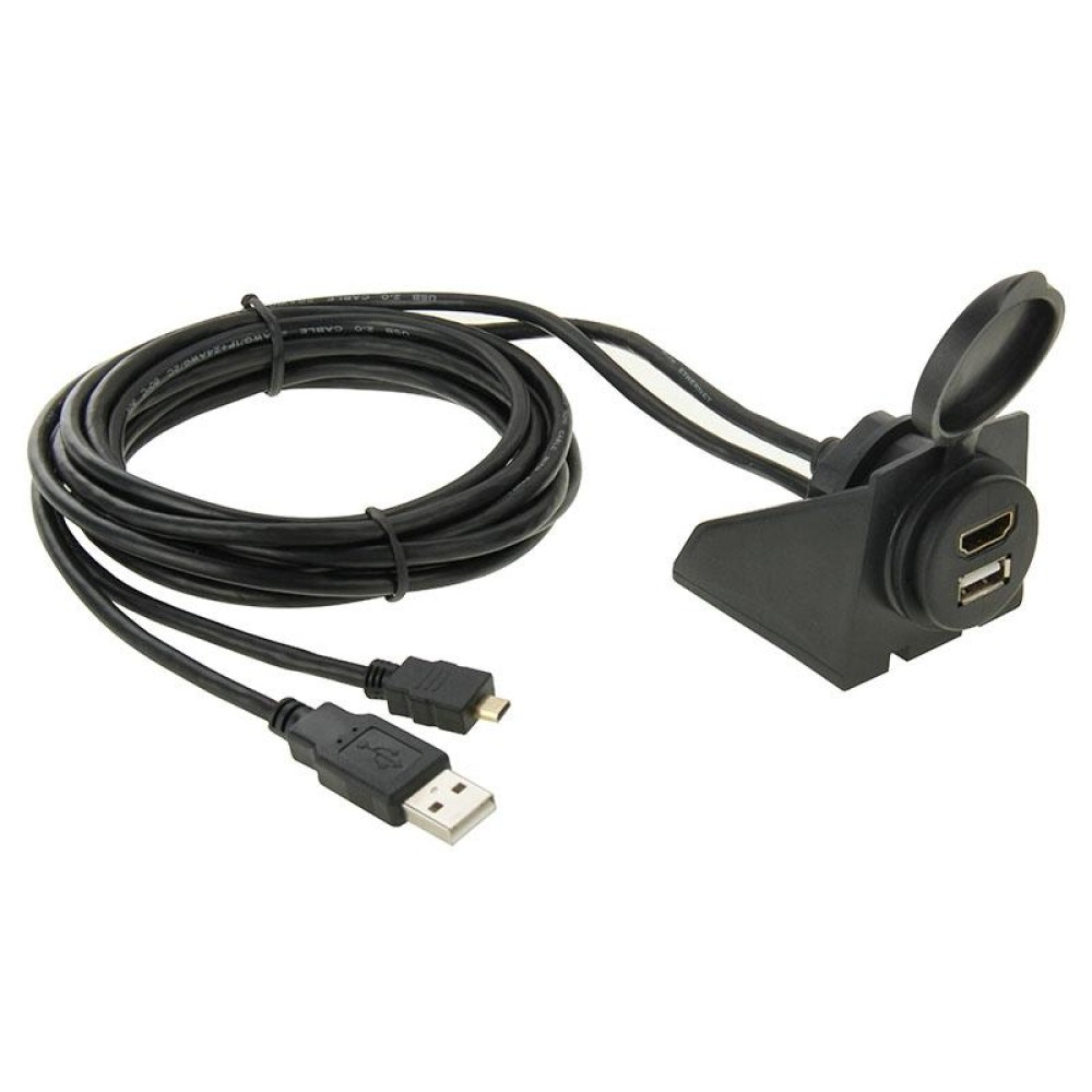 USB 2.0 & Micro HDMI (Type-D) Male to USB 2.0 & HDMI (Type-A) Female Adapter Cable with Car Flush Mount, Length: 2m