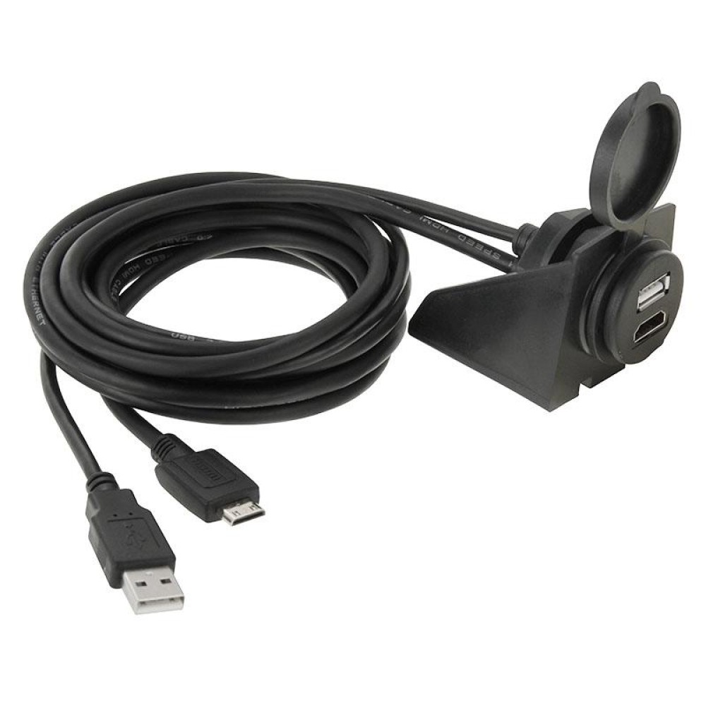USB 2.0 & Mini HDMI (Type-C) Male to USB 2.0 & HDMI (Type-A) Female Adapter Cable with Car Flush Mount, Length: 2m