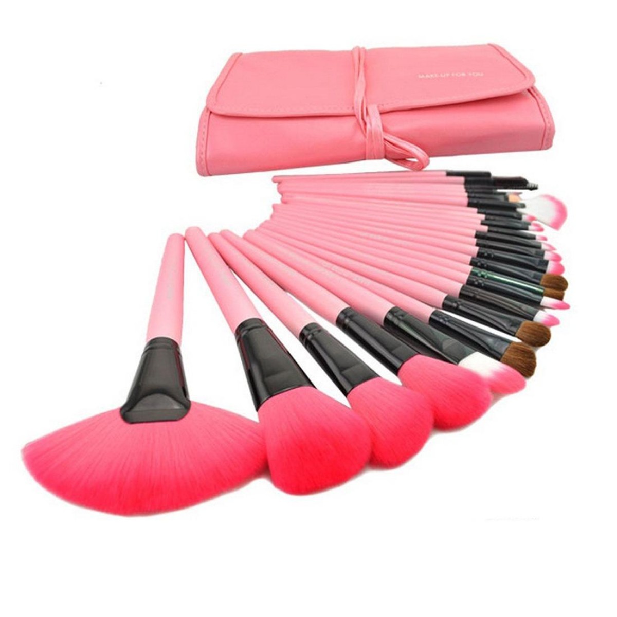 24 PCS Goat Hair Pink Handle Makeup Brush Set with Pink Pouch