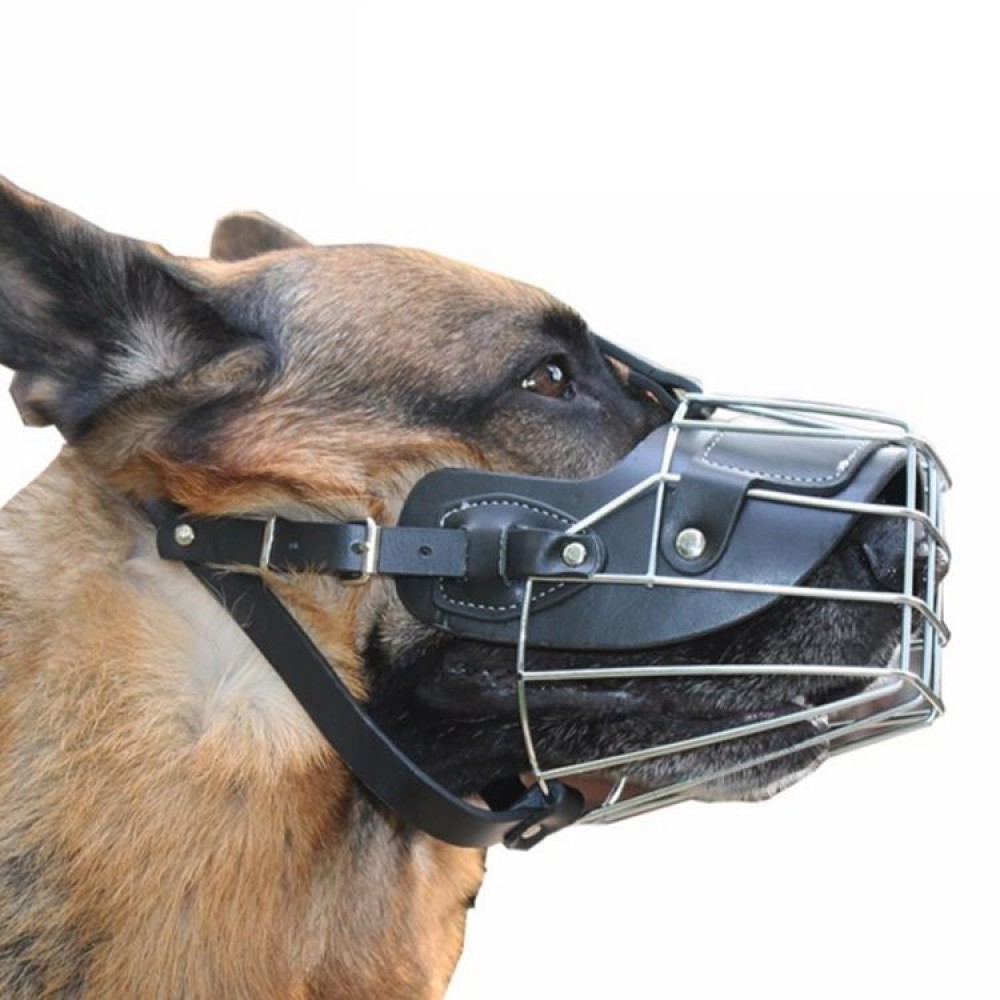 Steel Cage Style Dog Basket Wire Muzzle Protective Snout Cover with Leather Strap, Size: L
