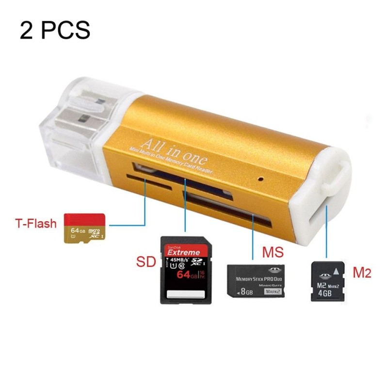 2 PCS Multi All in 1 USB 2.0 Micro SD SDHC TF M2 MMC MS PRO DUO Memory Card Reader(Gold)