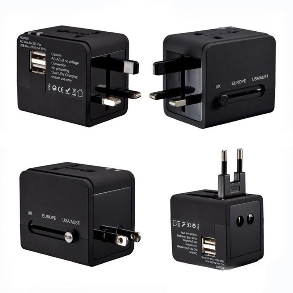 Plug Adapter, Universal US / EU / UK / AU Plug Power Connection Adaptor with 2 USB Charger Socket(Black)