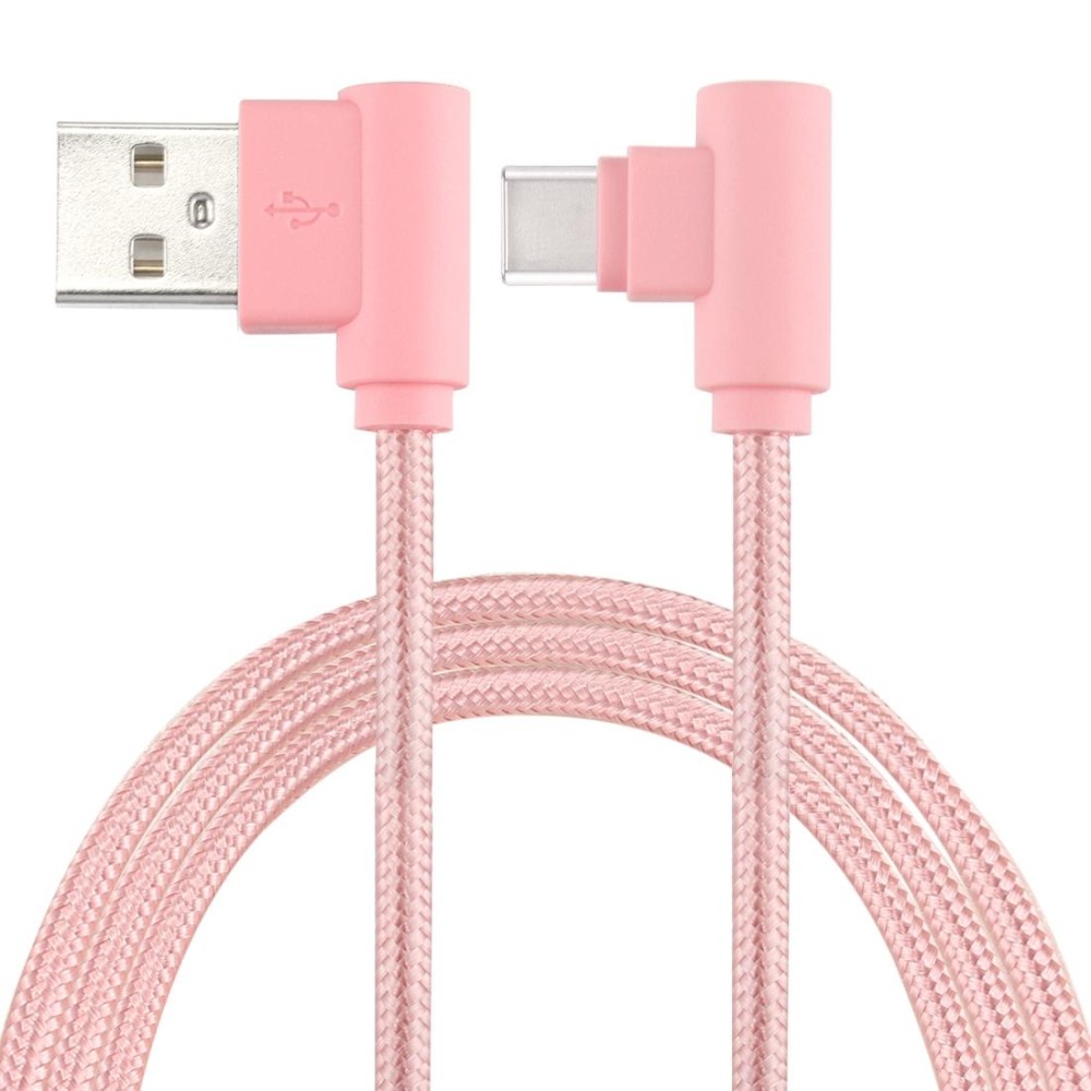 25cm USB to USB-C / Type-C Nylon Weave Style Double Elbow Charging Cable(Pink)