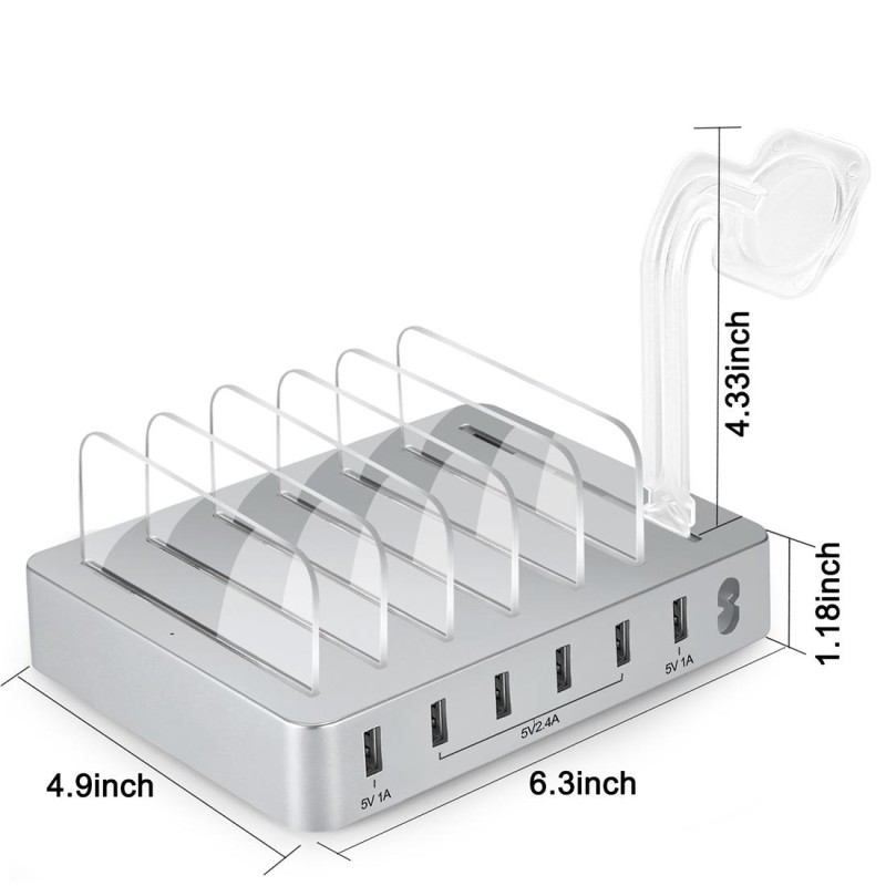 008 Multi-function DC5V/10A (Max) Output 6 Ports USB Detachable Charging Station Smart Charger(Silver)