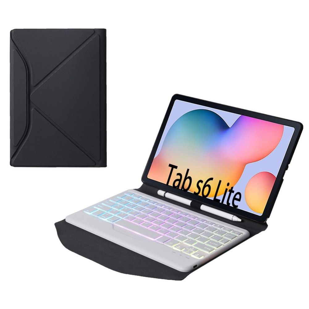 B610S Diamond Texture Triangle Back Holder Splittable Bluetooth Keyboard Leather Tablet Case with Backlight for Samsung Galaxy Tab S6 Lite (White + Black)