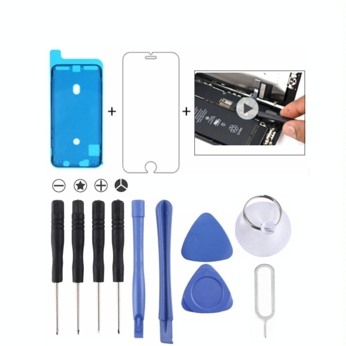 12 in 1 Repair Kits & Gifts (4 x Screwdriver + 2 x Teardown Rods + 2 x Triangle on Thick Slices + 1 x Eject Pin + 1 x Chuck + 1 x Waterproof Sticker + 1 x Tempered Glass)