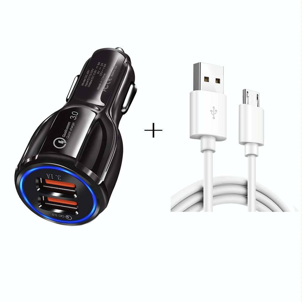 Qc3.0 Dual USB Car Charger + Micro USB Fast Charging Cable Car Charging Kit(Black)