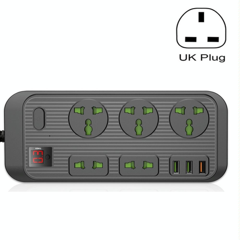 T17 3000W High-power 24-hour Amart Timing Socket QC3.0 USB Fast Charging Power Strip Cable Length 2m, UK Plug(Black)