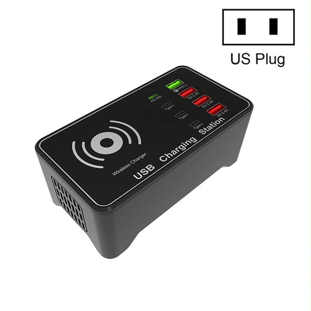 A7 High-power 100W 4 x PD 20W + QC3.0 USB Charger +15W Qi Wireless Charger Multi-port Smart Charger Station, Plug Size:US Plug