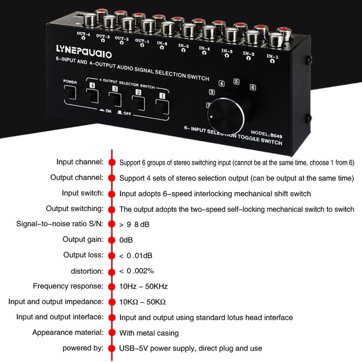 6 In 4 Out RCA Audio Switcher Signal Selector Distribute Device Switch Control