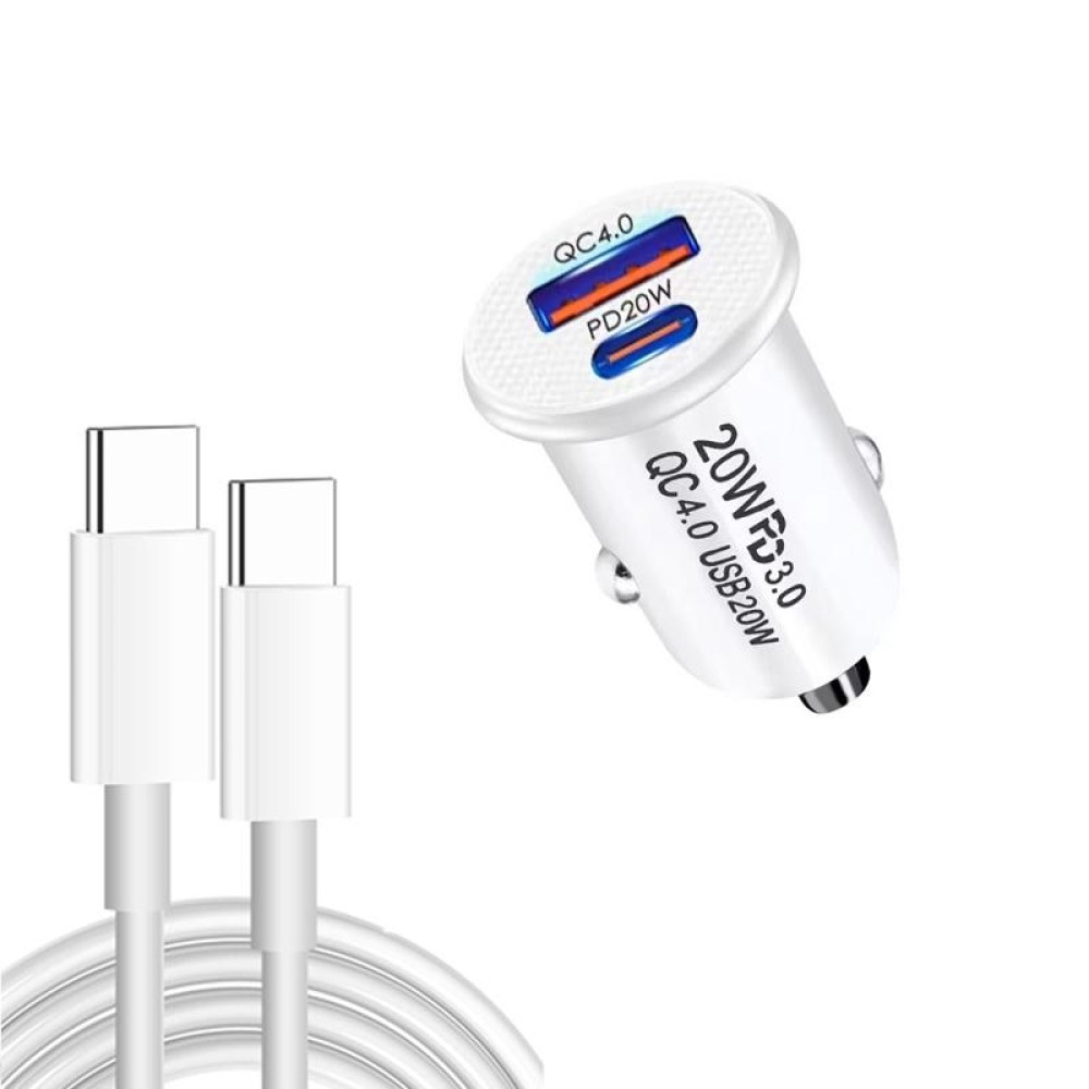 P10 Mini QC4.0 USB / PD20W Car Charger with Type-C to Type-C Fast Charging Data Cable(White)