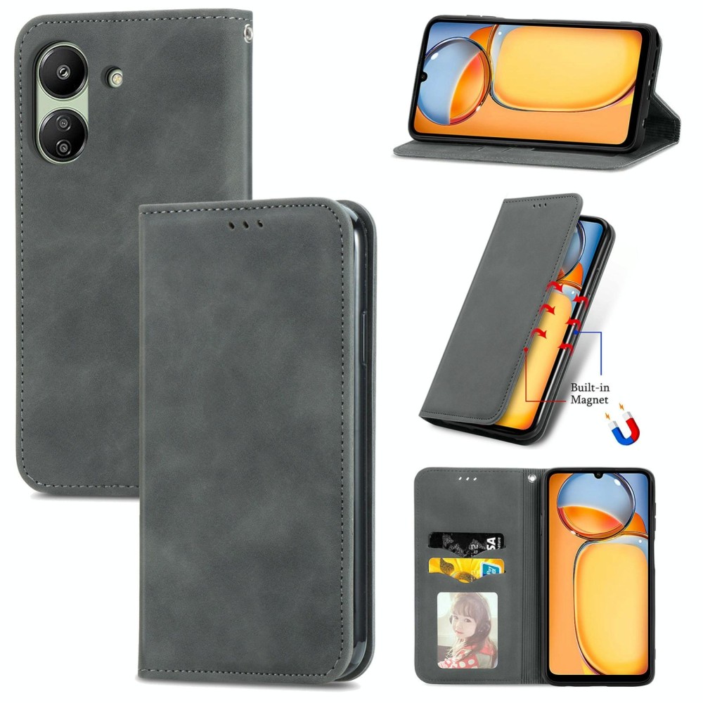 For Xiaomi Redmi 13C Retro Skin Feel Magnetic Flip Leather Phone Case(Grey)