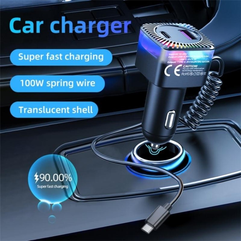 With Spring Type-C Cable USB + Type-C PD 30W Phone Fast Charging Adapter Car Charger