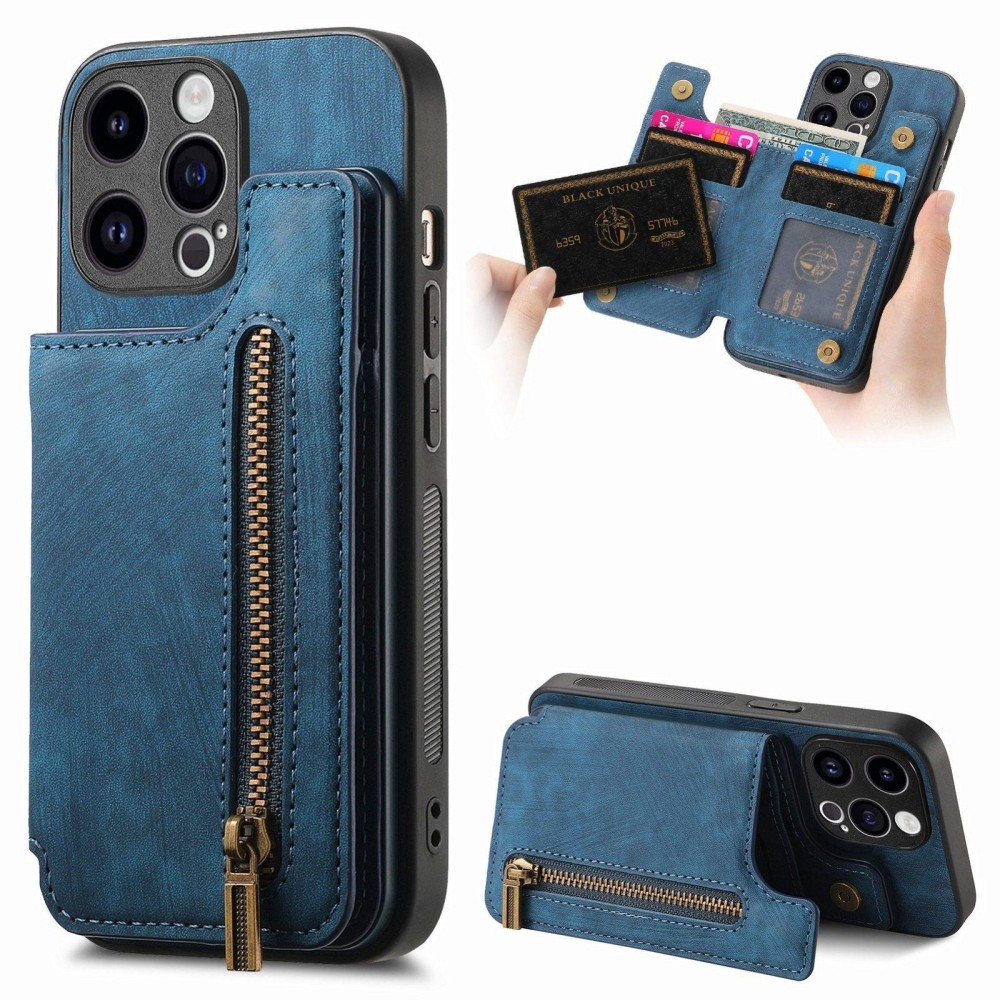 For iPhone 14 Pro Max Retro Leather Zipper Wallet Back Phone Case(Blue)
