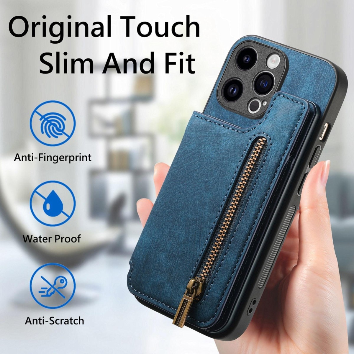 For iPhone 14 Pro Max Retro Leather Zipper Wallet Back Phone Case(Blue)