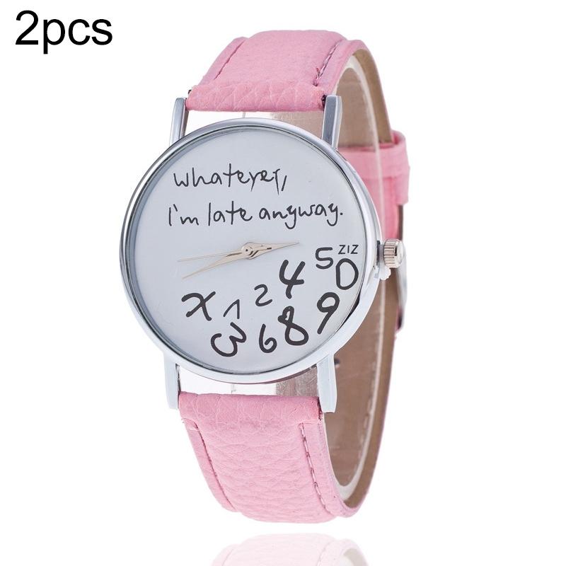 2 PCS Alphabet Number Pattern Leather Strap Watch(Pink)