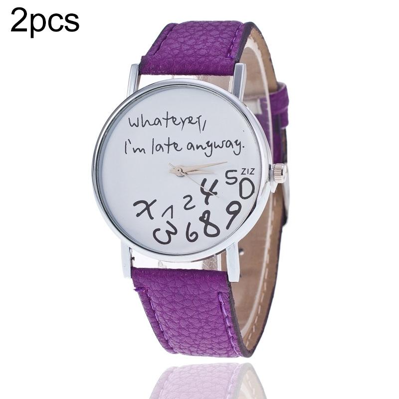 2 PCS Alphabet Number Pattern Leather Strap Watch(Purple)